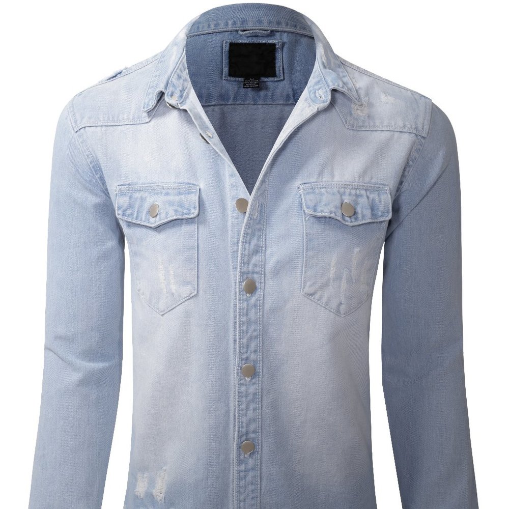 Men's Ripped Denim Jacket Button Shirt in Light Indigo Medium